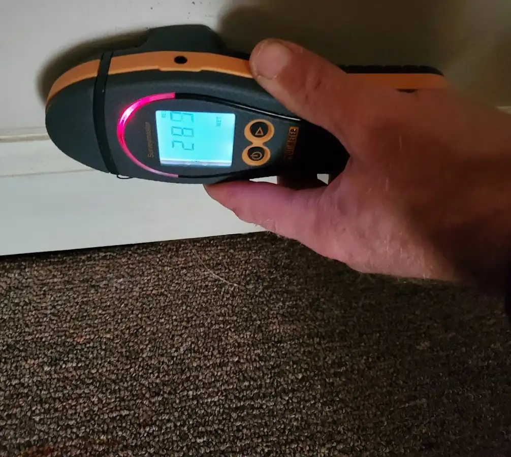 Moisture detection at baseboard during Storm Damage Restoration in Noble